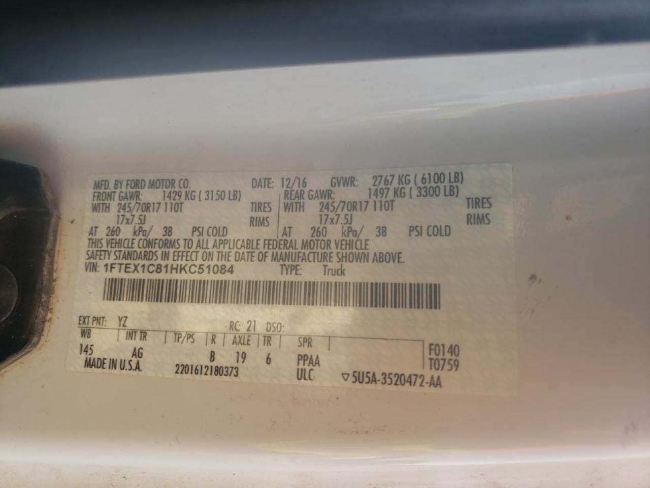Photo 10 from auction – 2017 FORD F150 SUPER with VIN 1FTEX1C81HKC51084