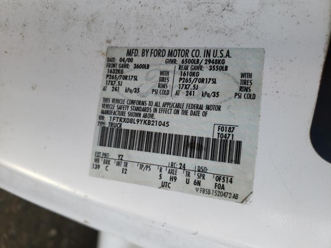 Photo 10 from auction – 2000 FORD F150 with VIN 1FTRX08L9YKB21045