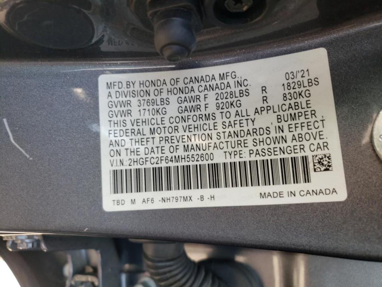 Photo 10 from auction – 2021 HONDA CIVIC LX with VIN 2HGFC2F64MH552600