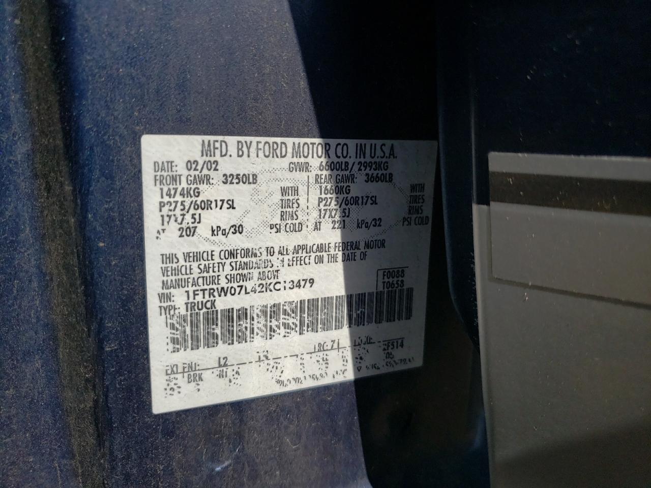 Photo 10 from auction – 2002 FORD F150 SUPER with VIN 1FTRW07L42KC13479