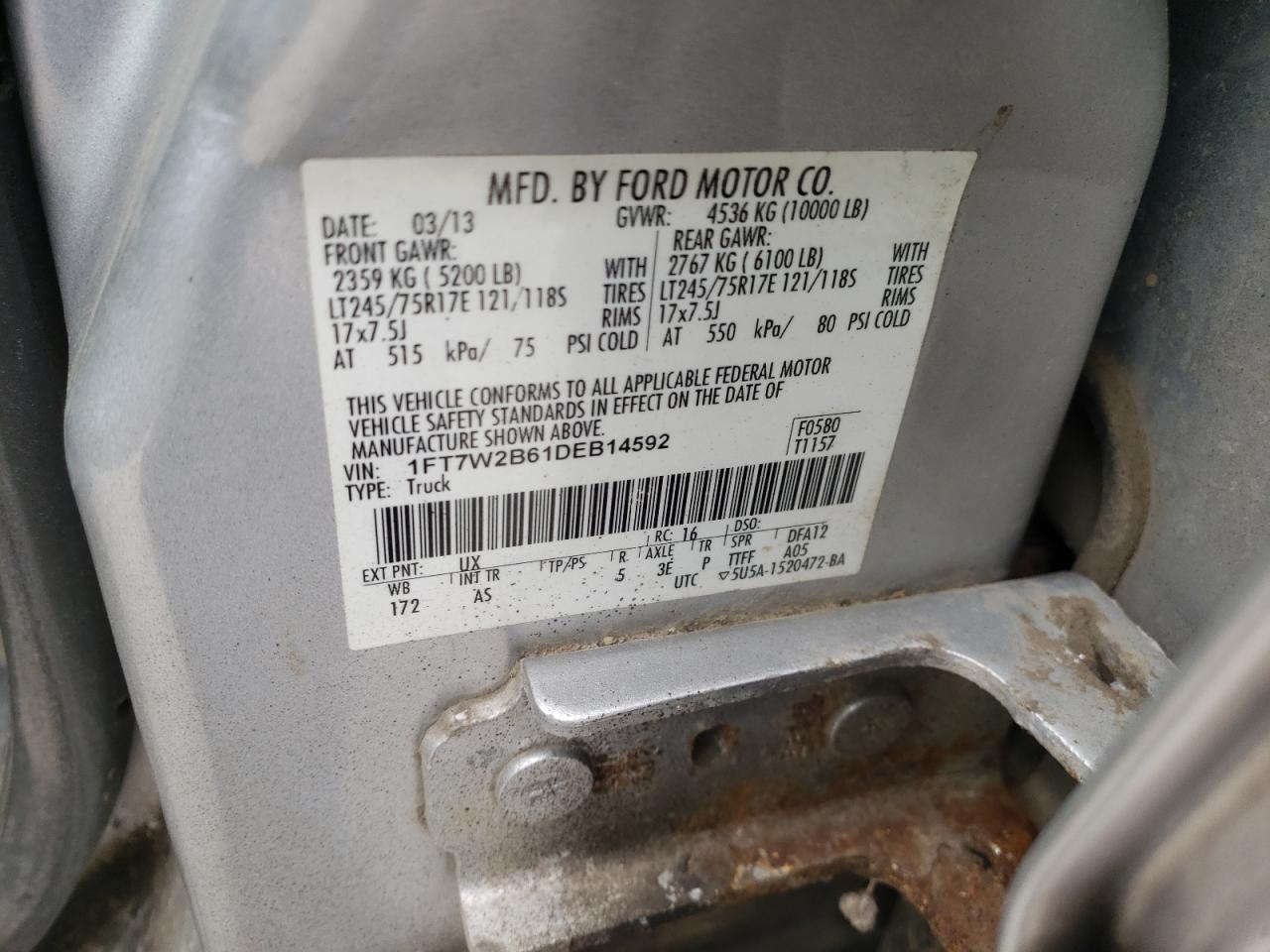 Photo 10 from auction – 2013 FORD F250 SUPER with VIN 1FT7W2B61DEB14592