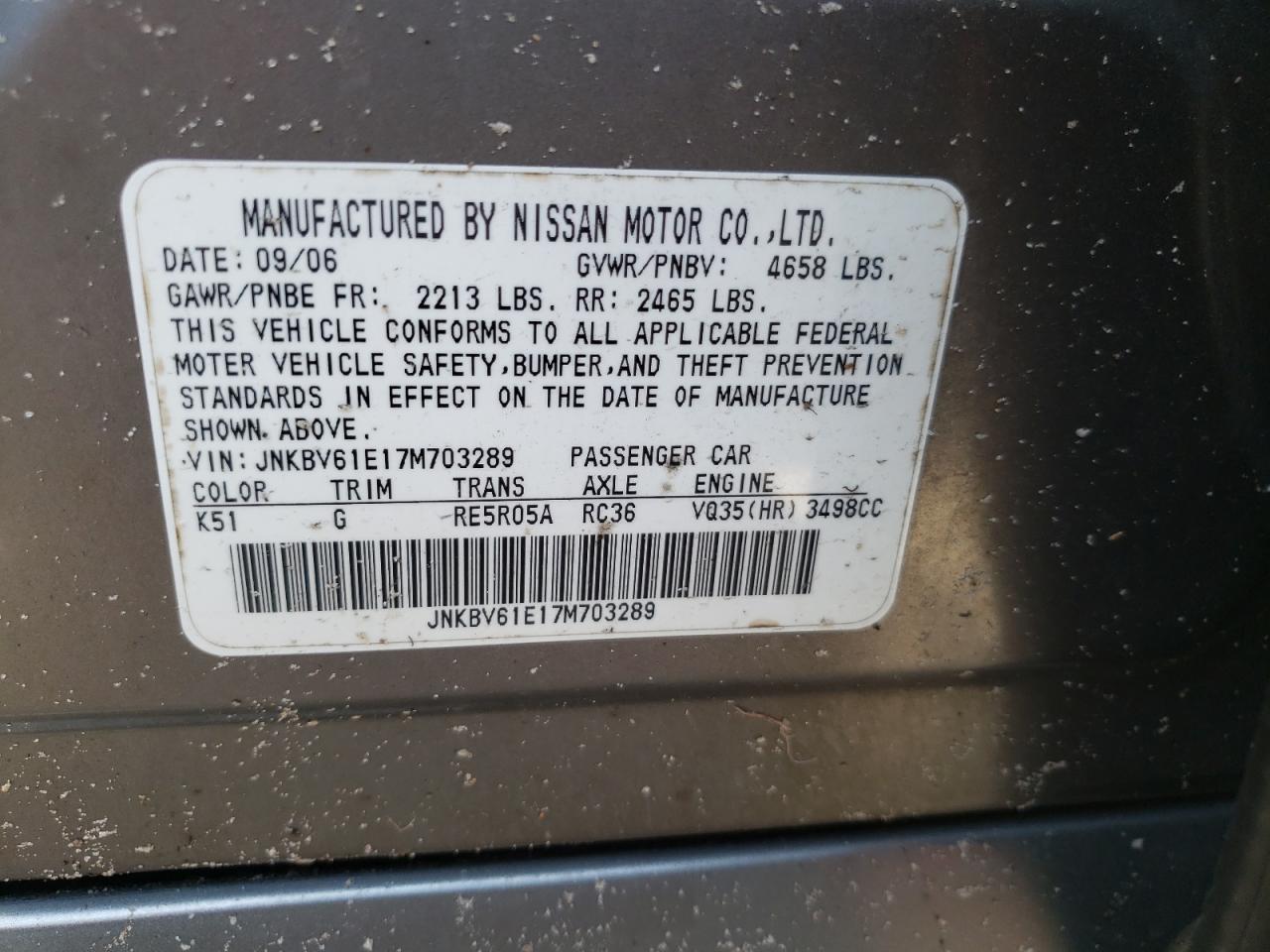 Photo 10 from auction – 2007 INFINITI G35 with VIN JNKBV61E17M703289