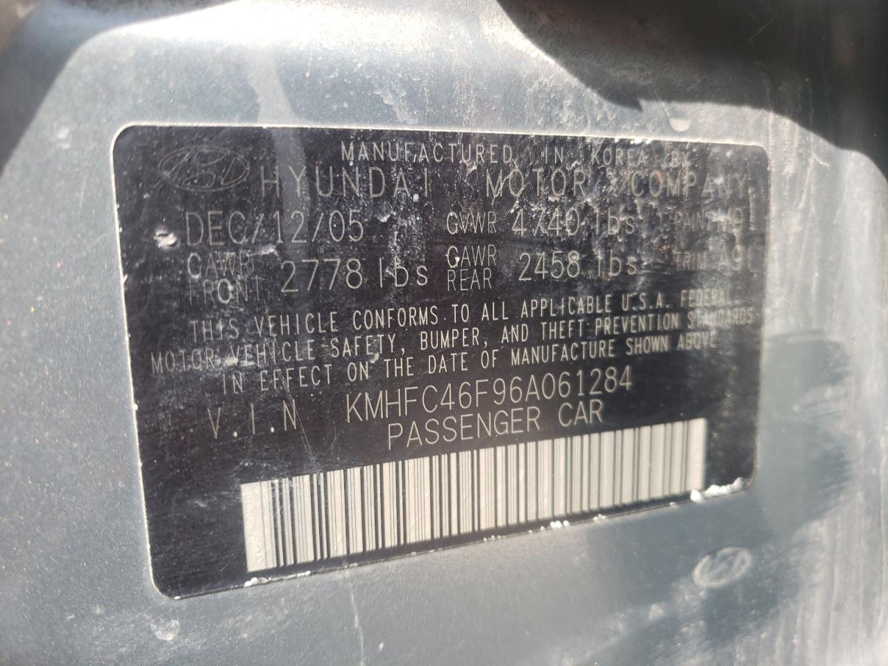 Photo 10 from auction – 2006 HYUNDAI AZERA SE with VIN KMHFC46F96A061284