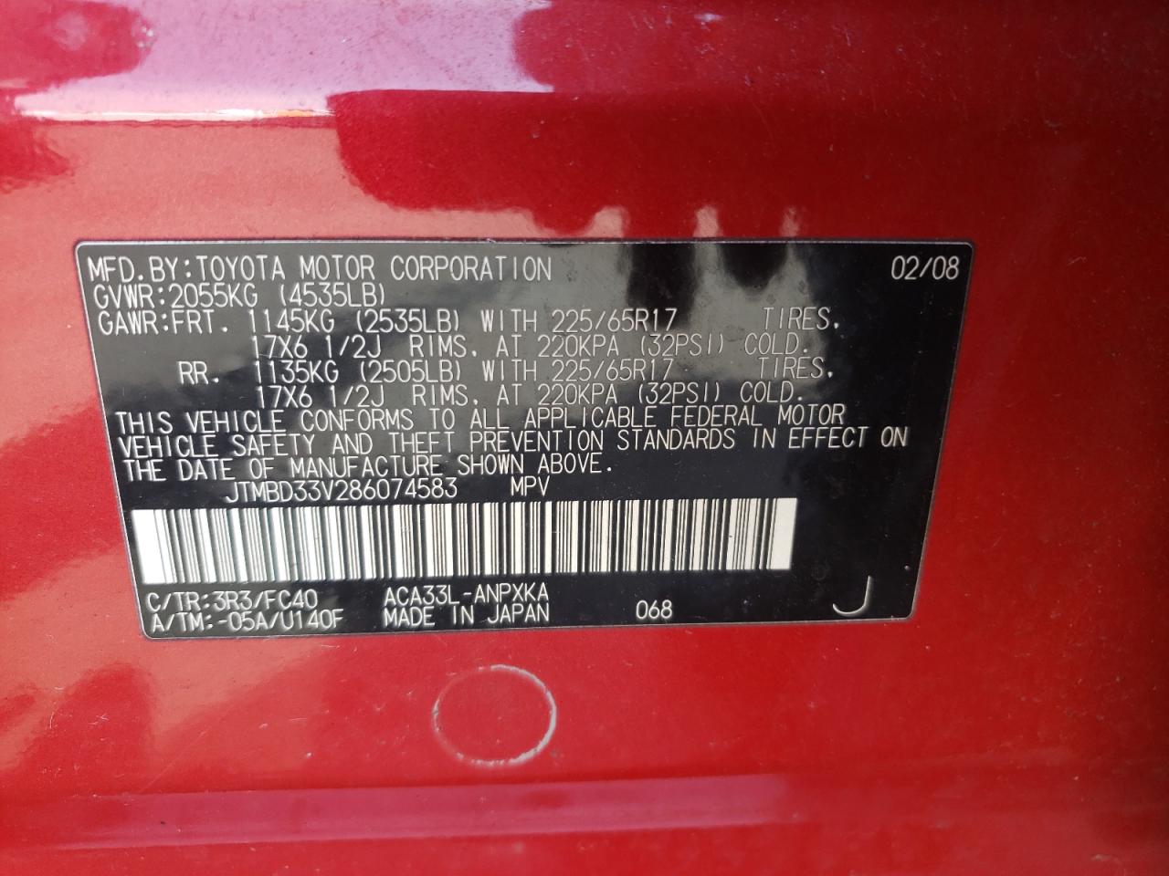 Photo 10 from auction – 2008 TOYOTA RAV4 with VIN JTMBD33V286074583
