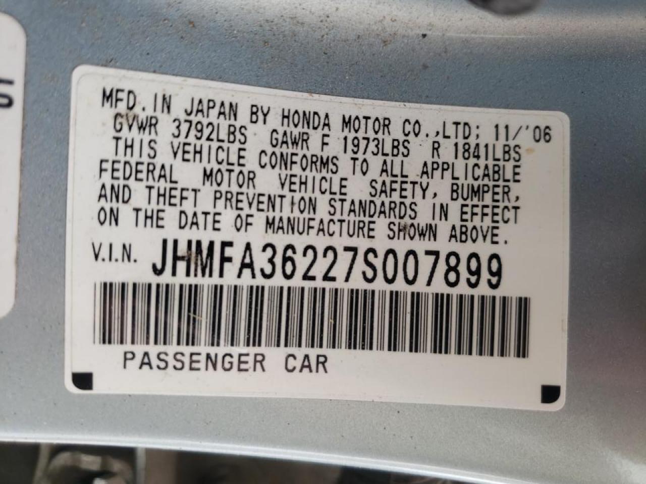 Photo 10 from auction – 2007 HONDA CIVIC HYBR with VIN JHMFA36227S007899