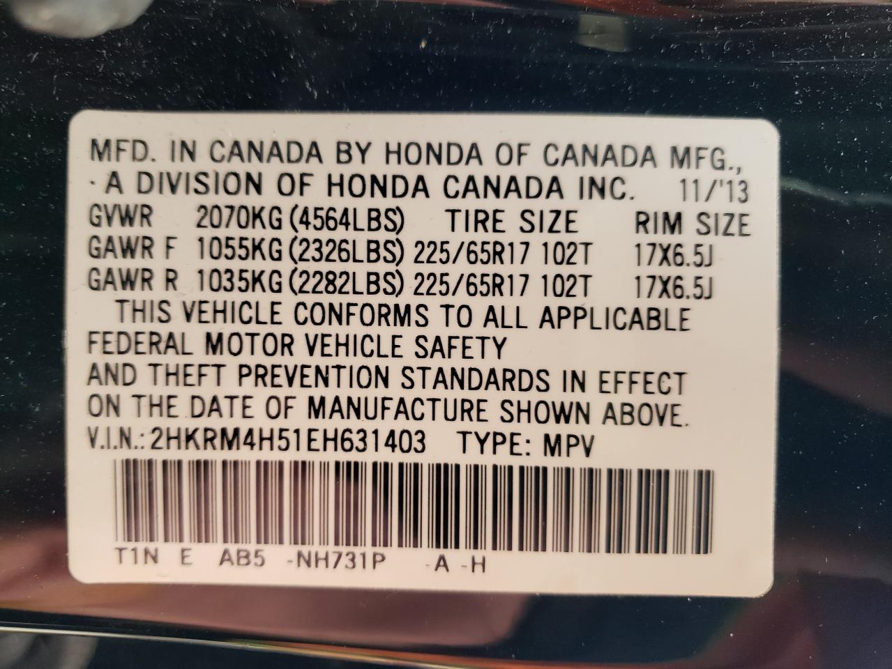 Photo 10 from auction – 2014 HONDA CR-V EX with VIN 2HKRM4H51EH631403
