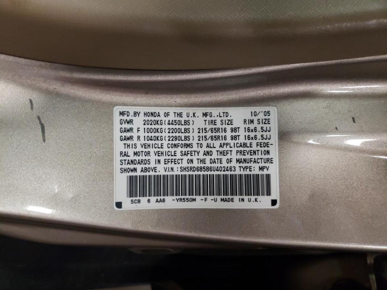 Photo 10 from auction – 2006 HONDA CR-V LX with VIN SHSRD68586U402463