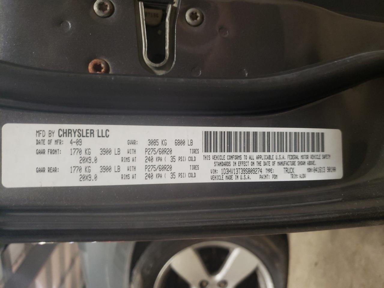 Photo 10 from auction – 2009 DODGE RAM 1500 with VIN 1D3HV13T39S809274