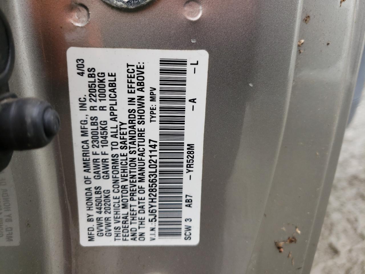 Photo 10 from auction – 2003 HONDA ELEMENT EX with VIN 5J6YH28563L021147