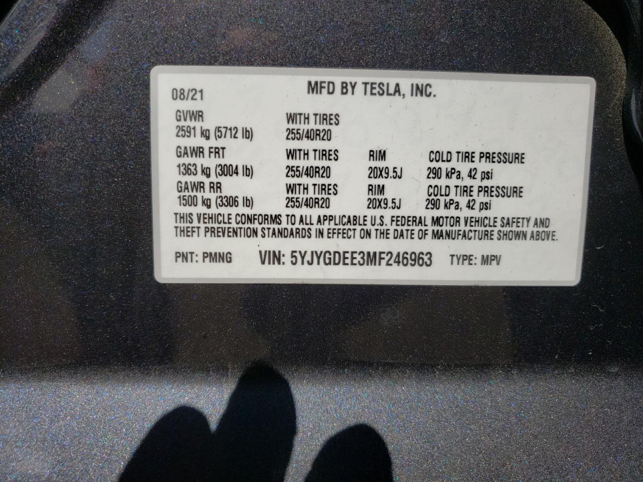 Photo 10 from auction – 2021 TESLA MODEL Y with VIN 5YJYGDEE3MF246963
