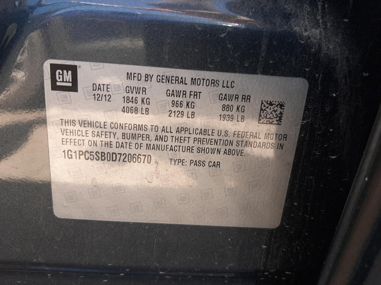 Photo 10 from auction – 2013 CHEVROLET CRUZE LT with VIN 1G1PC5SB0D7206670