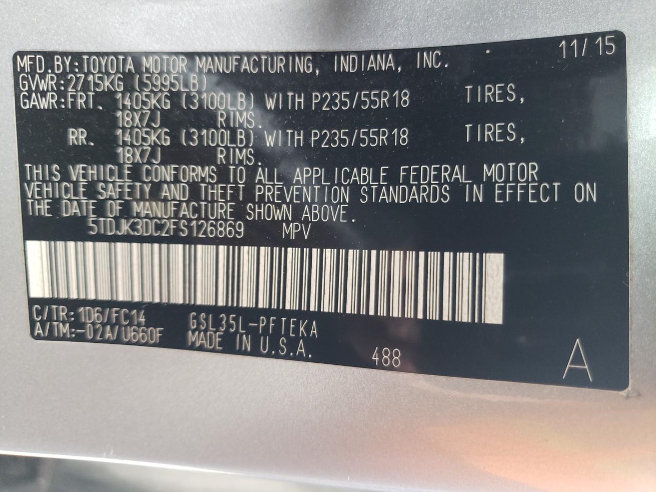 Photo 10 from auction – 2015 TOYOTA SIENNA LE with VIN 5TDJK3DC2FS126869
