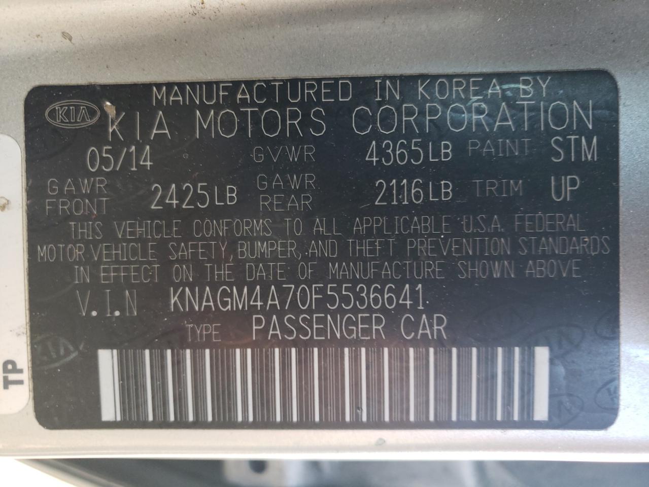 Photo 10 from auction – 2015 KIA OPTIMA LX with VIN KNAGM4A70F5536641