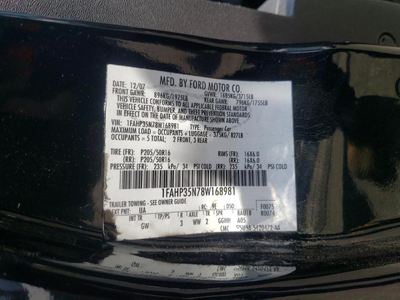Photo 10 from auction – 2008 FORD FOCUS SE with VIN 1FAHP35N78W168981