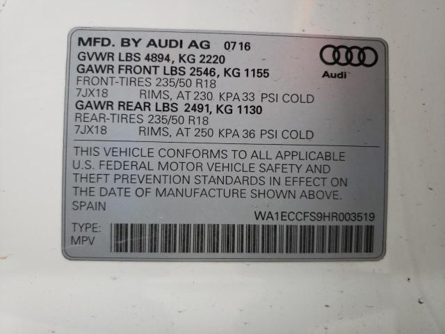 Photo 10 from auction – 2017 AUDI Q3 PREMIUM with VIN WA1ECCFS9HR003519