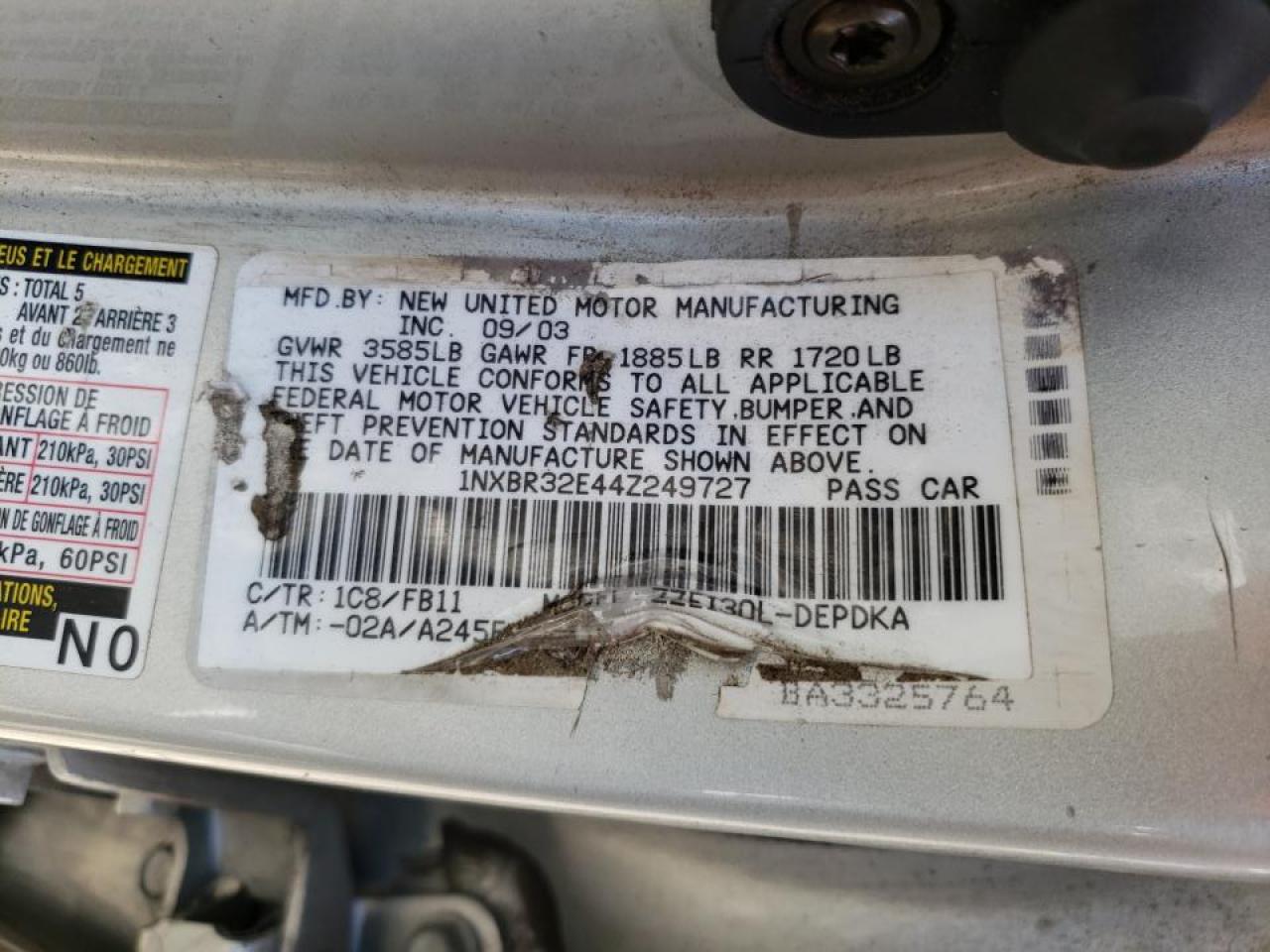 Photo 10 from auction – 2004 TOYOTA COROLLA CE with VIN 1NXBR32E44Z249727