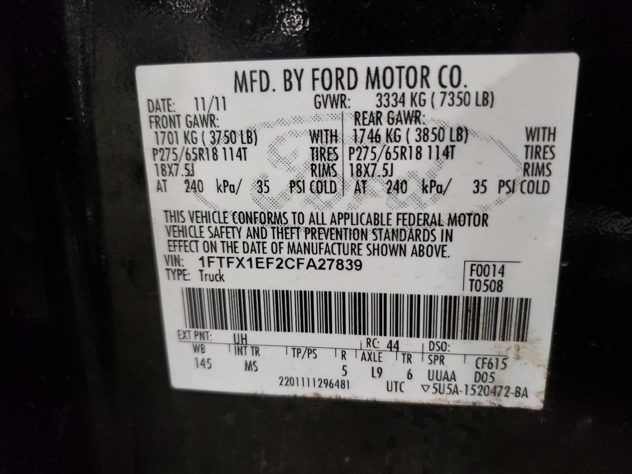 Photo 10 from auction – 2012 FORD F150 SUPER with VIN 1FTFX1EF2CFA27839