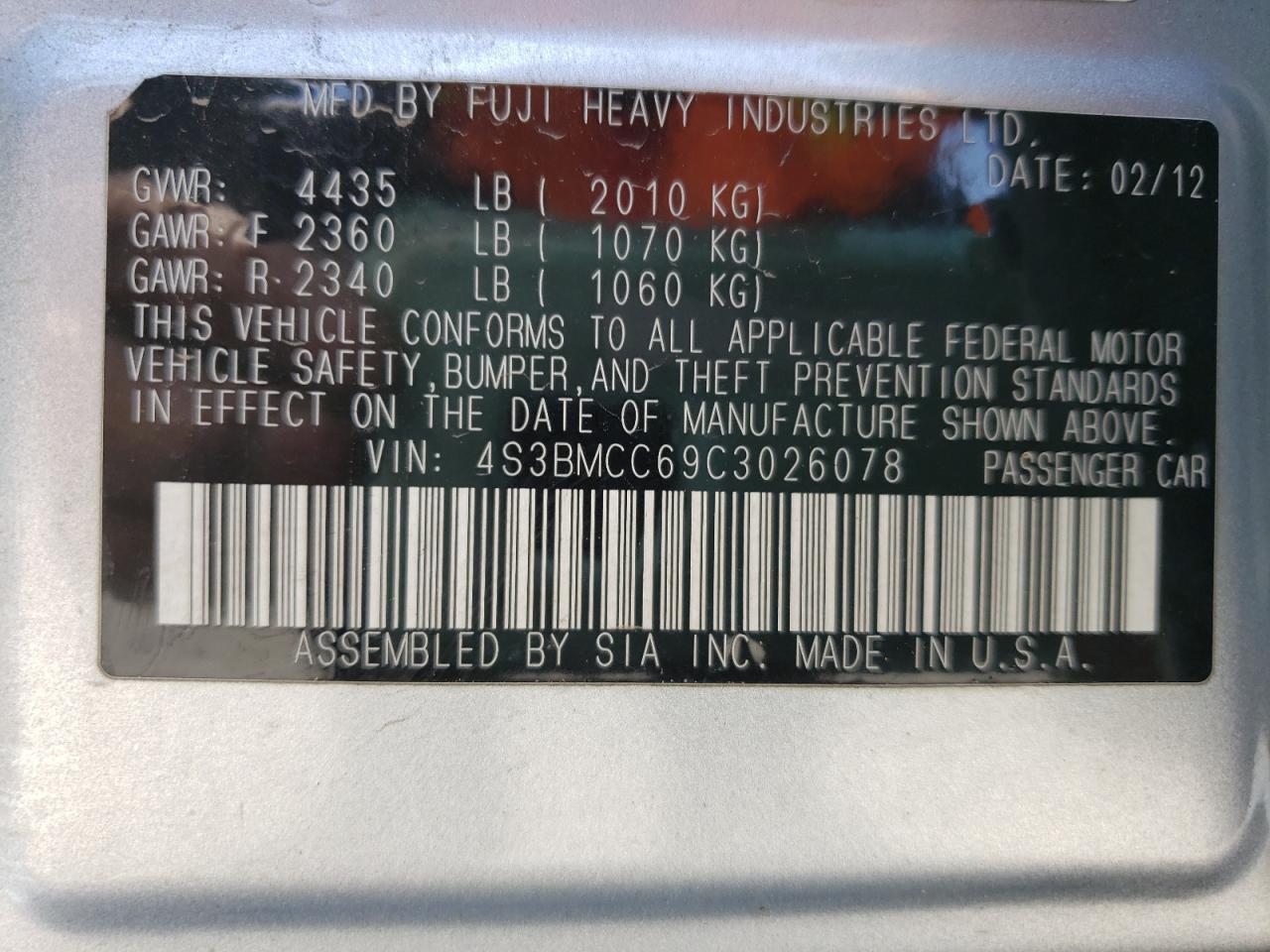 Photo 10 from auction – 2012 SUBARU LEGACY 2.5 with VIN 4S3BMCC69C3026078