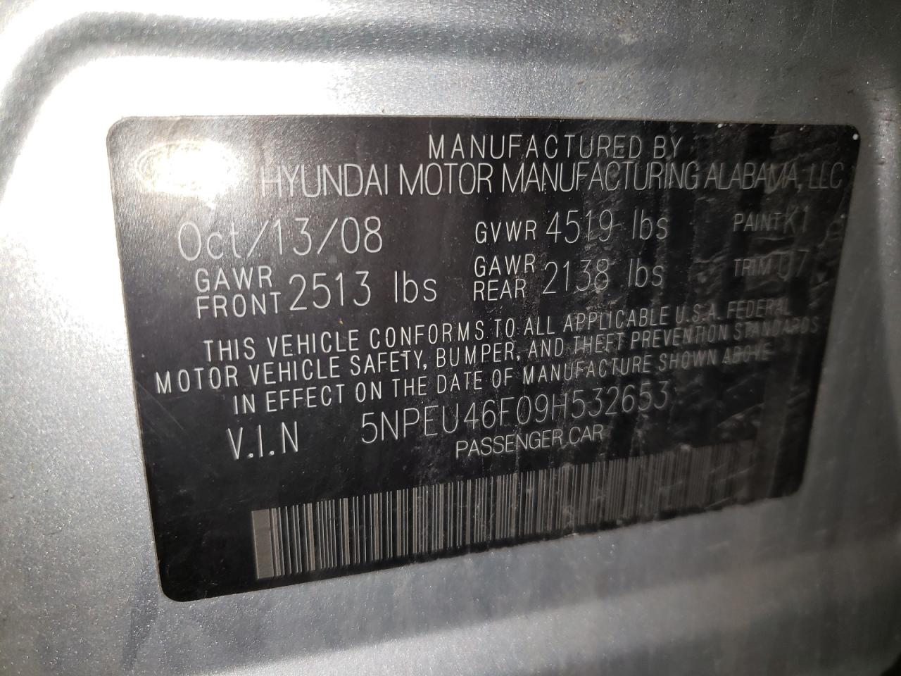 Photo 10 from auction – 2009 HYUNDAI SONATA SE with VIN 5NPEU46F09H532653