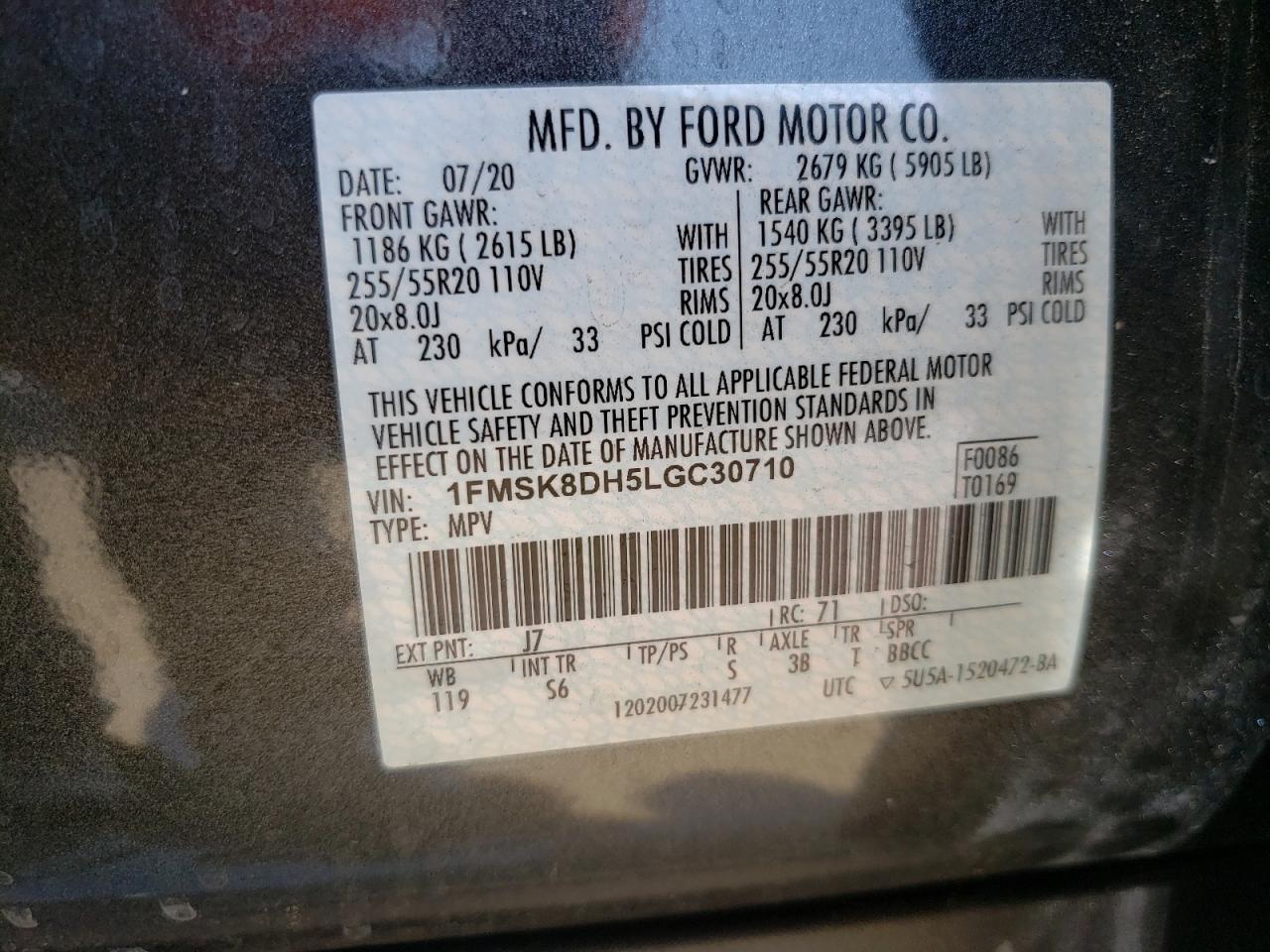Photo 10 from auction – 2020 FORD EXPLORER X with VIN 1FMSK8DH5LGC30710