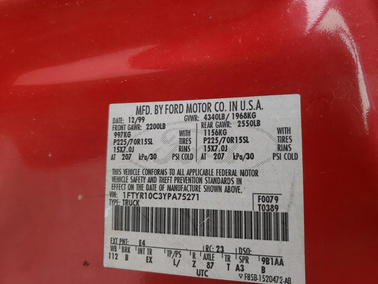 Photo 10 from auction – 2000 FORD RANGER with VIN 1FTYR10C3YPA75271