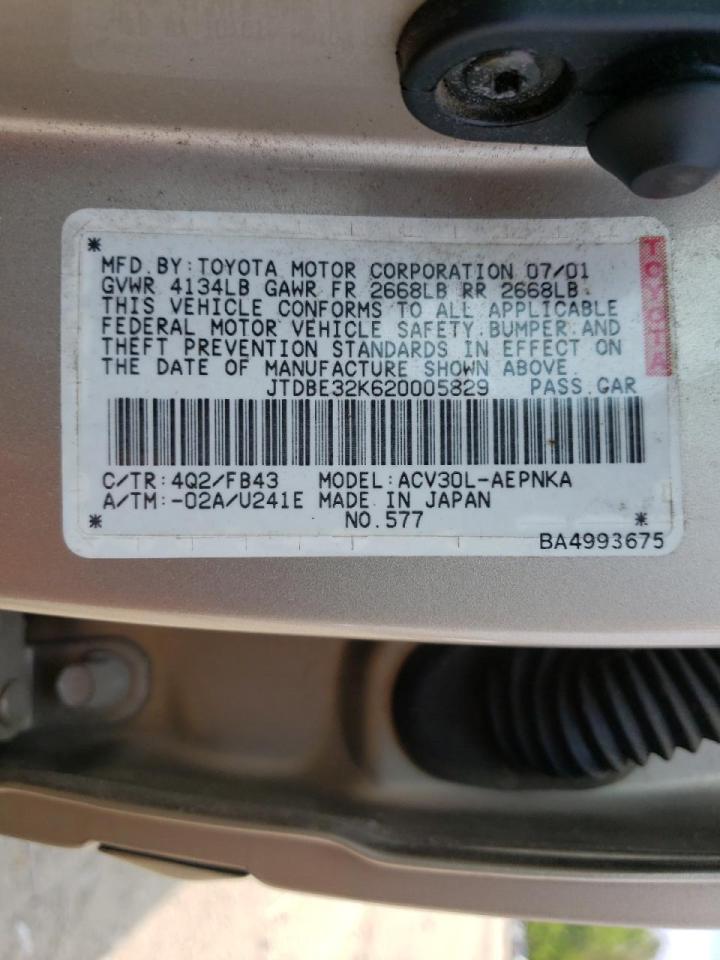 Photo 10 from auction – 2002 TOYOTA CAMRY LE with VIN JTDBE32K620005829