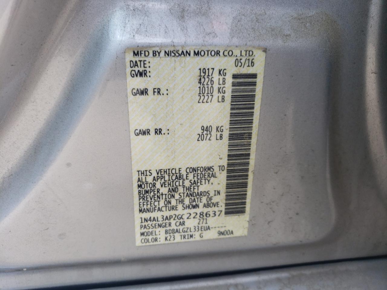 Photo 10 from auction – 2016 NISSAN ALTIMA 2.5 with VIN 1N4AL3AP2GC228637