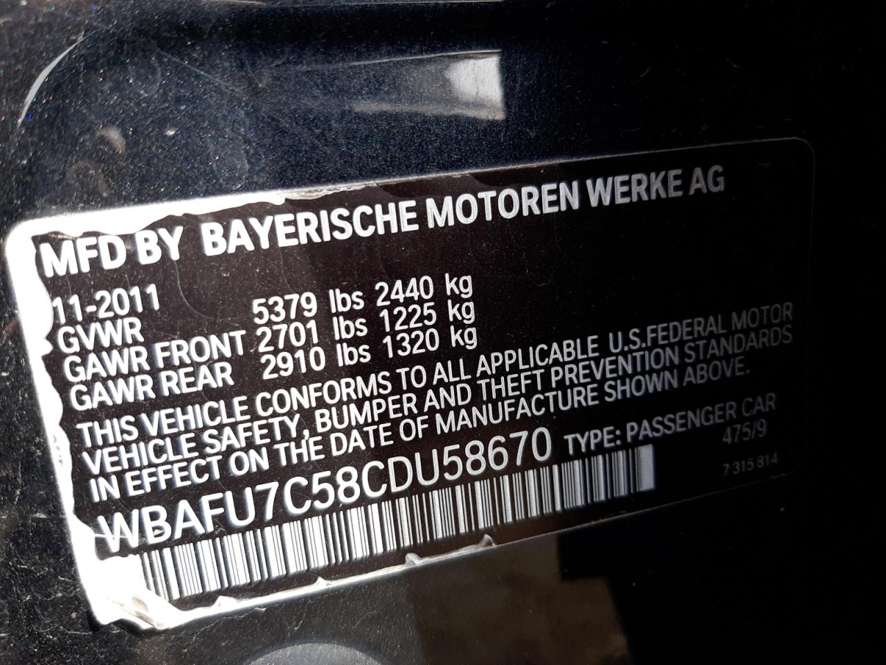 Photo 10 from auction – 2012 BMW 535 XI with VIN WBAFU7C58CDU58670
