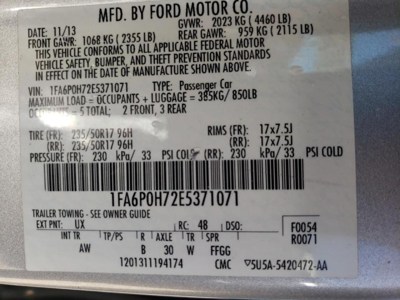 Photo 10 from auction – 2014 FORD FUSION SE with VIN 1FA6P0H72E5371071