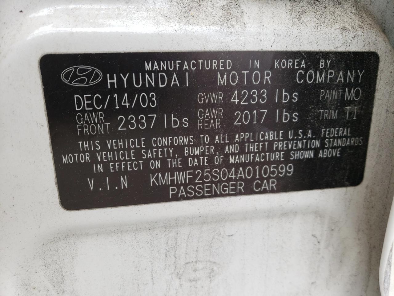 Photo 10 from auction – 2004 HYUNDAI SONATA GL with VIN KMHWF25S04A010599