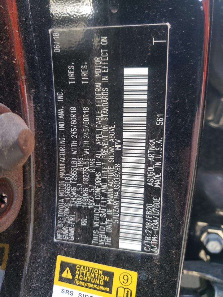 Photo 10 from auction – 2018 TOYOTA HIGHLANDER with VIN 5TDZARFH4JS039288
