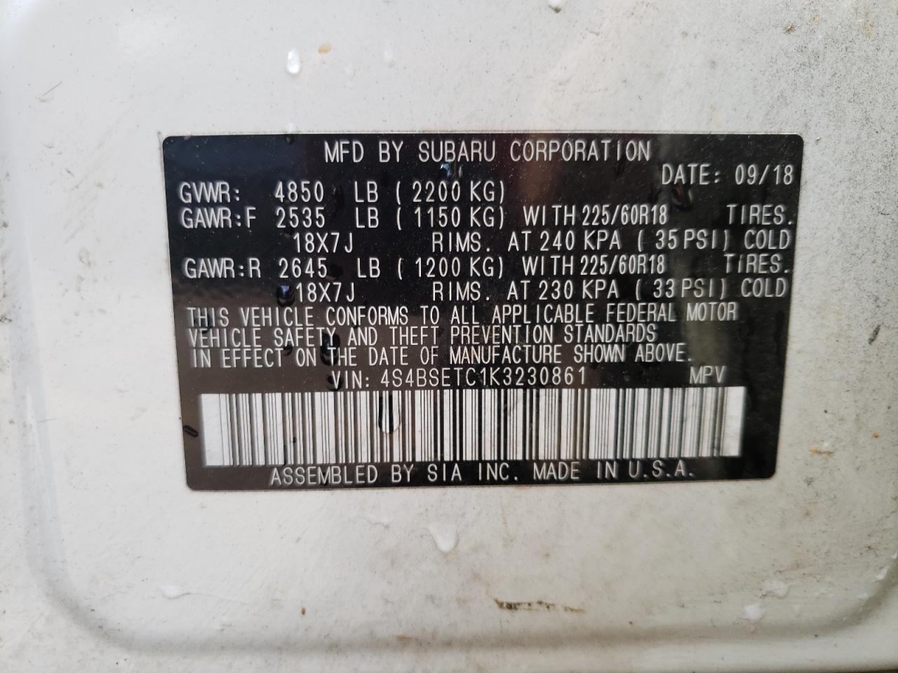 Photo 10 from auction – 2019 SUBARU OUTBACK TO with VIN 4S4BSETC1K3230861