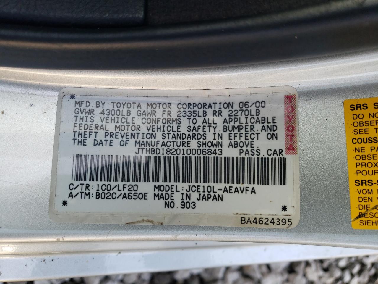 Photo 10 from auction – 2001 LEXUS IS 300 with VIN JTHBD182010006843
