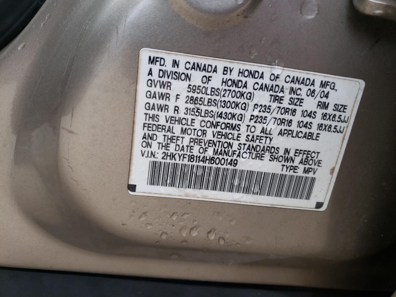 Photo 10 from auction – 2004 HONDA PILOT LX with VIN 2HKYF18114H600149
