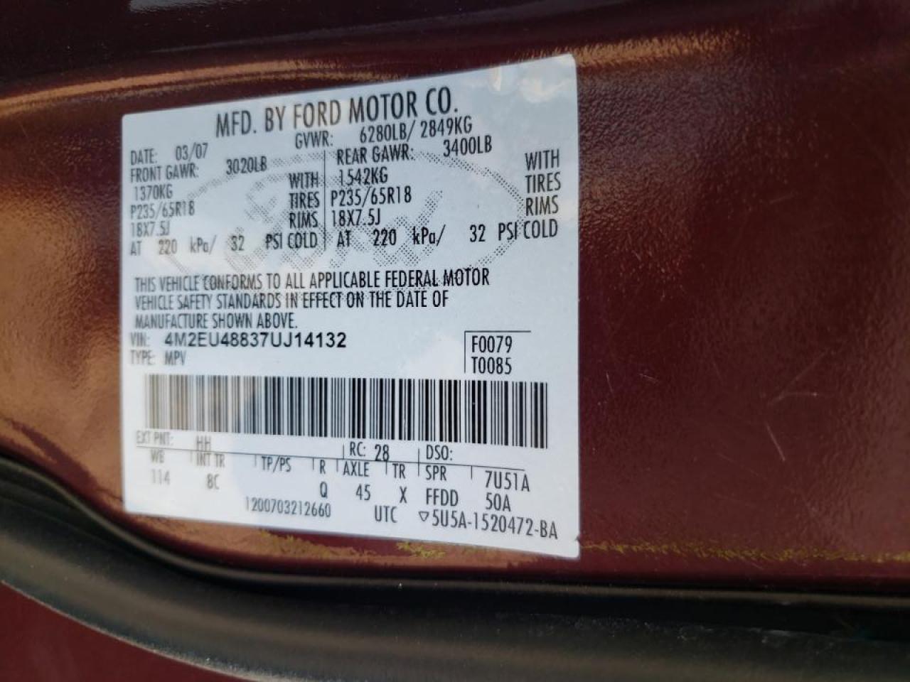 Photo 10 from auction – 2007 MERCURY MOUNTAINEE with VIN 4M2EU48837UJ14132