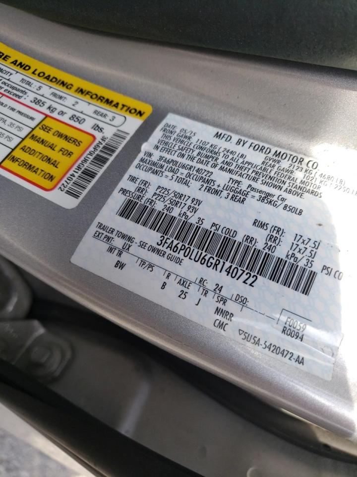 Photo 10 from auction – 2016 FORD FUSION SE with VIN 3FA6P0LU6GR140722