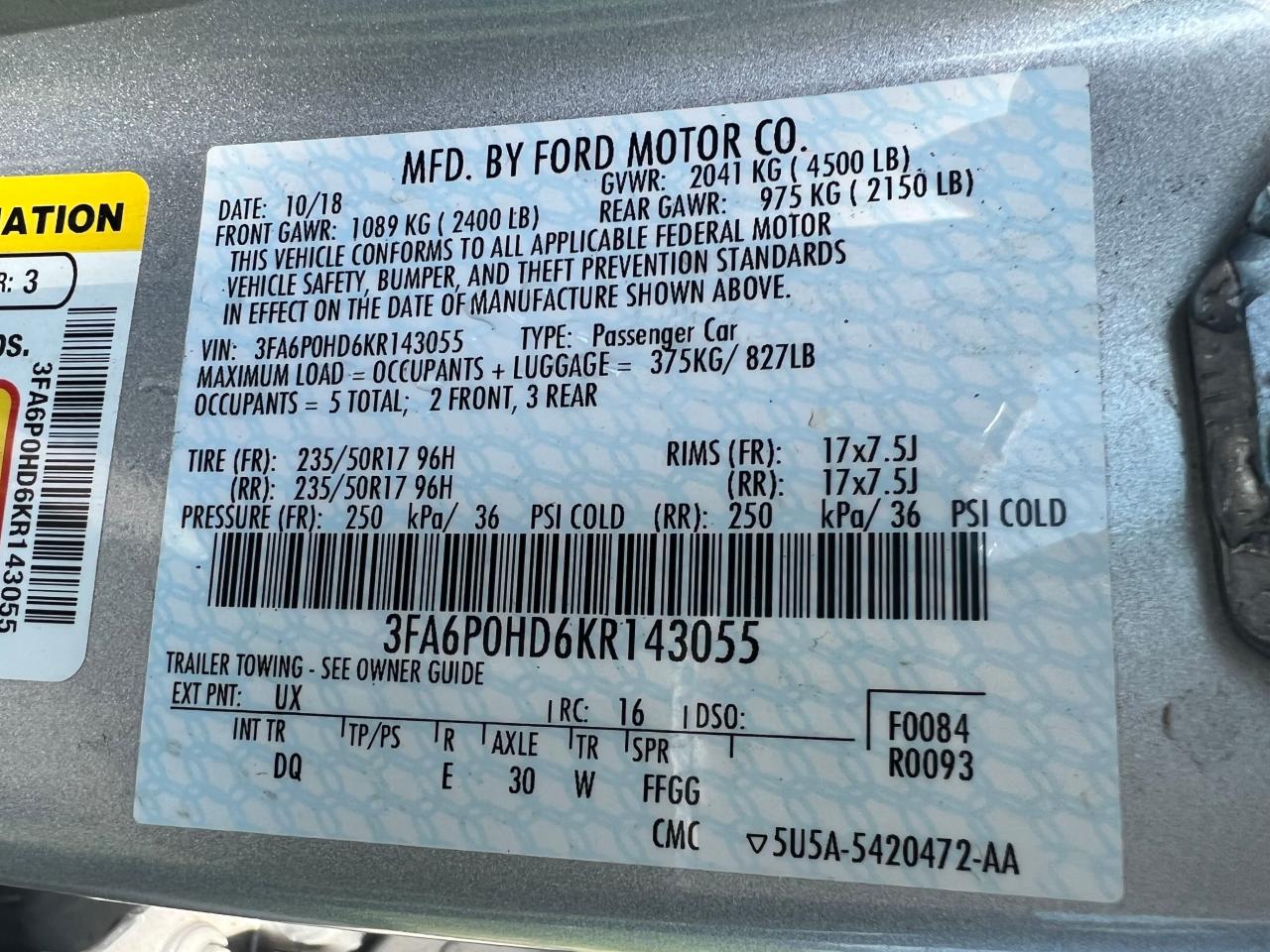 Photo 10 from auction – 2019 FORD FUSION SE with VIN 3FA6P0HD6KR143055