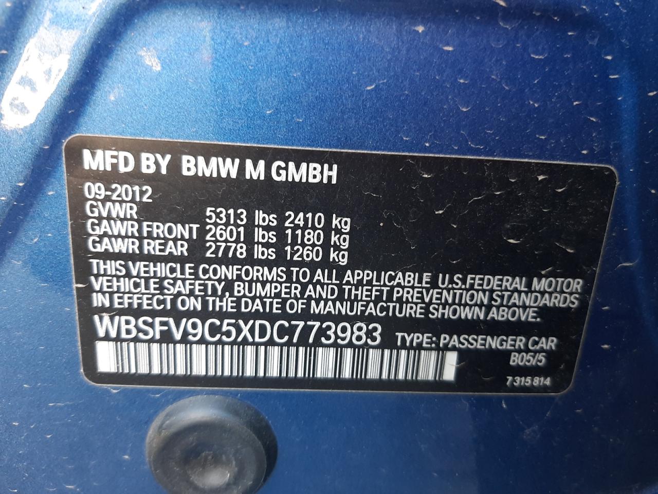 Photo 10 from auction – 2013 BMW M5 with VIN WBSFV9C5XDC773983