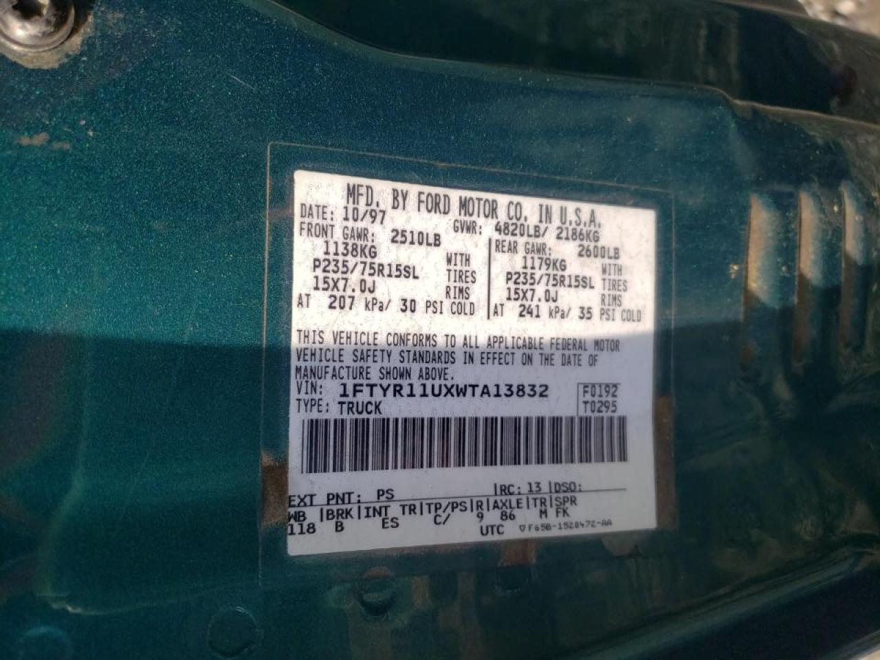 Photo 10 from auction – 1998 FORD RANGER with VIN 1FTYR11UXWTA13832
