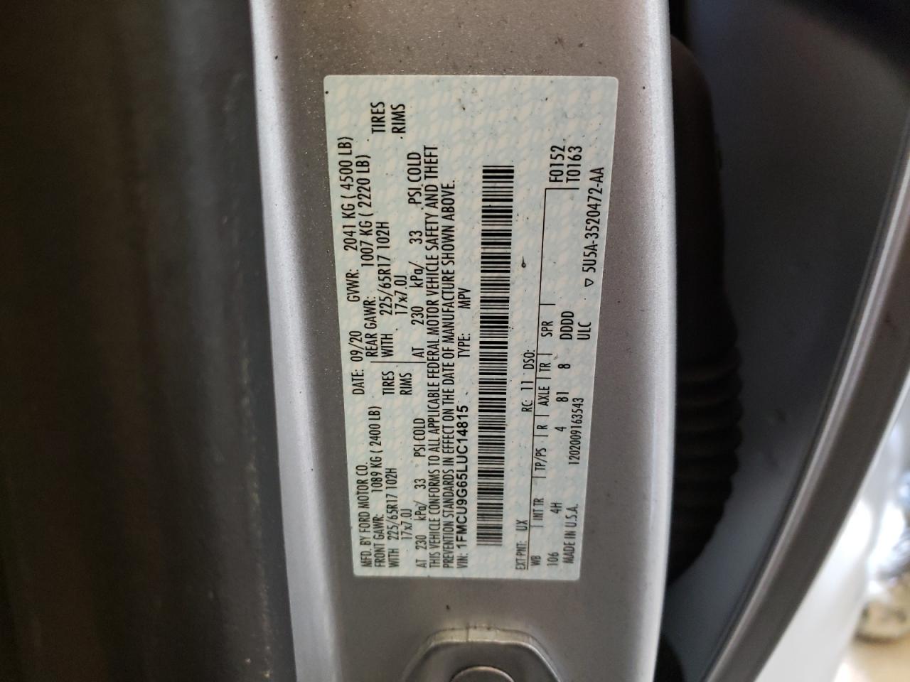 Photo 10 from auction – 2020 FORD ESCAPE SE with VIN 1FMCU9G65LUC14815