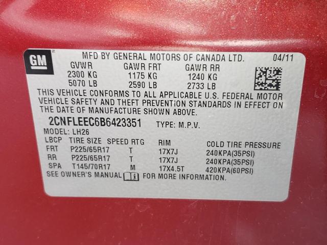 Photo 10 from auction – 2011 CHEVROLET EQUINOX LT with VIN 2CNFLEEC6B6423351