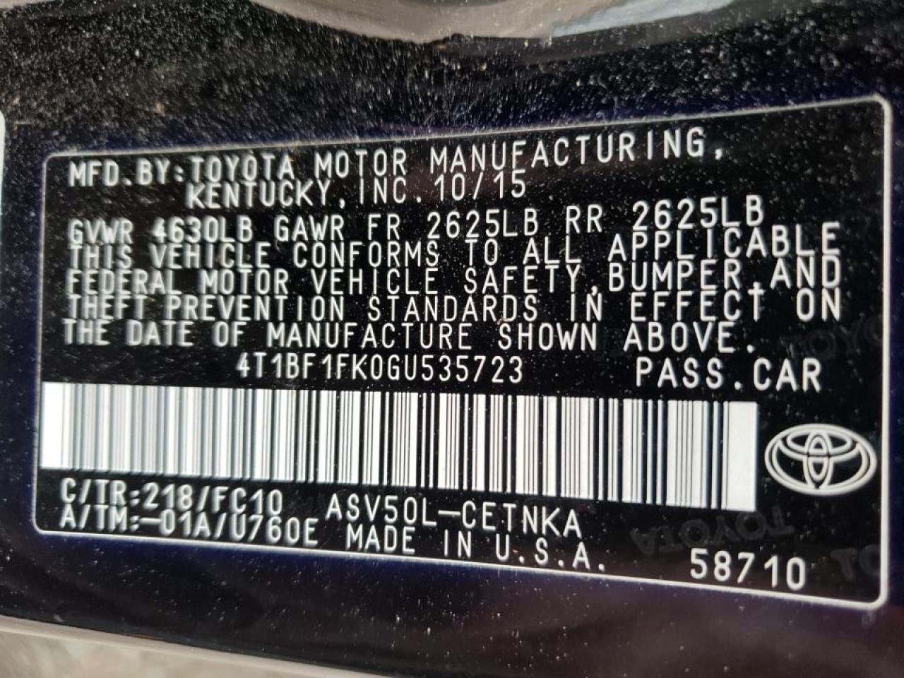Photo 10 from auction – 2016 TOYOTA CAMRY with VIN 4T1BF1FK0GU535723