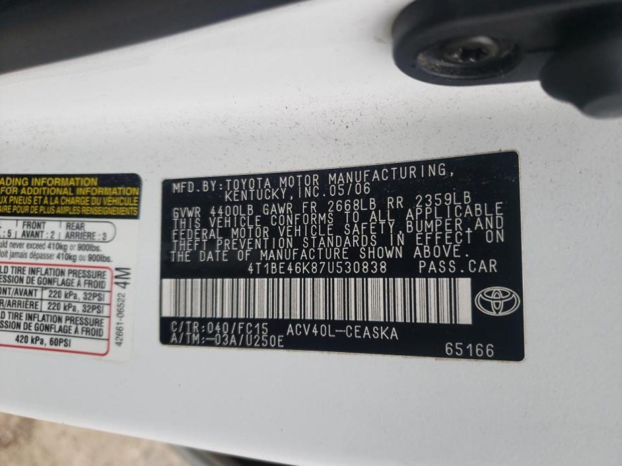 Photo 10 from auction – 2007 TOYOTA CAMRY CE with VIN 4T1BE46K87U530838
