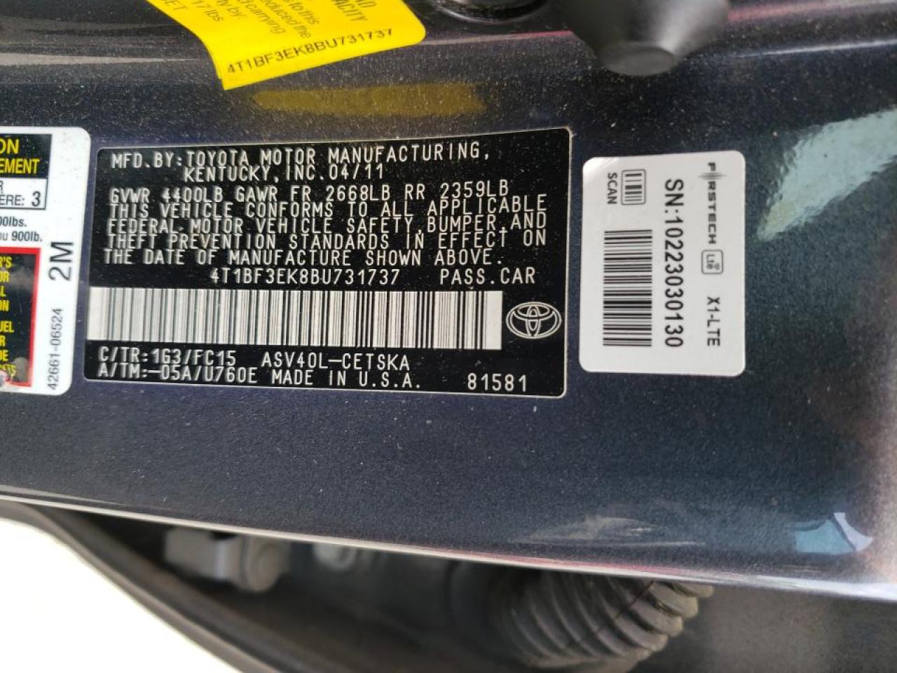 Photo 10 from auction – 2011 TOYOTA CAMRY BASE with VIN 4T1BF3EK8BU731737
