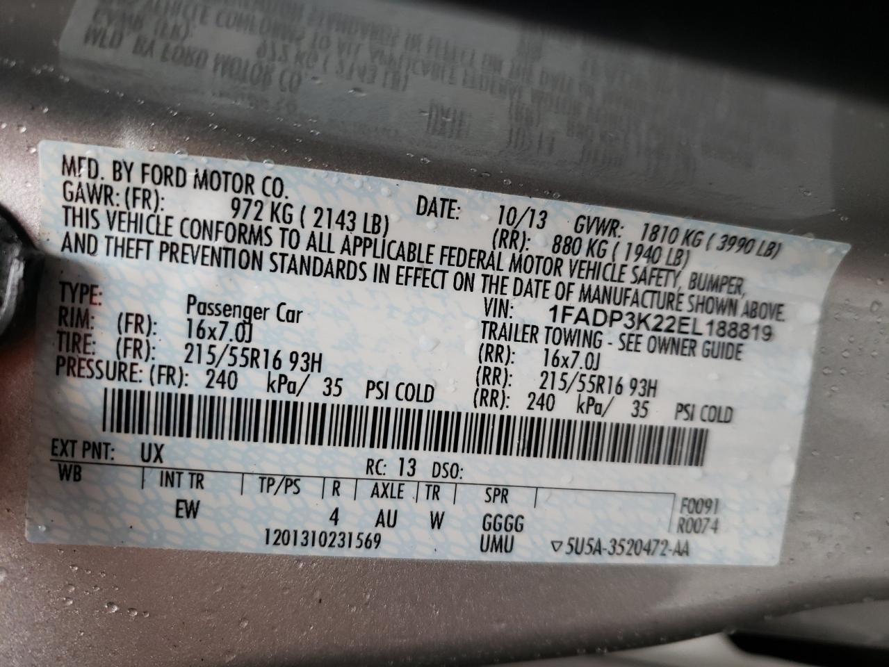 Zdjęcie 10 z aukcji – 2014 FORD FOCUS SE z VIN 1FADP3K22EL188819