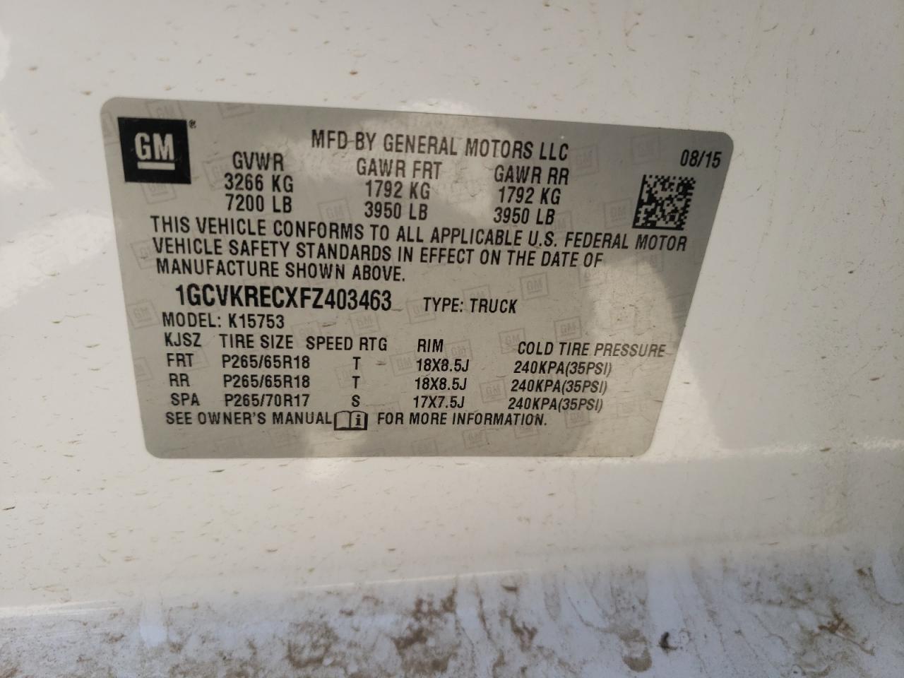 Photo 10 from auction – 2015 CHEVROLET SILVERADO with VIN 1GCVKRECXFZ403463