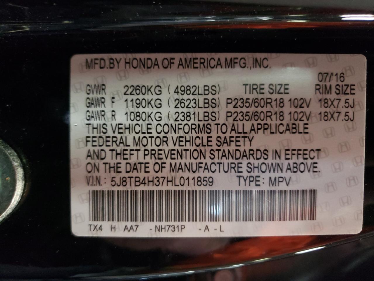 Photo 10 from auction – 2017 ACURA RDX with VIN 5J8TB4H37HL011859