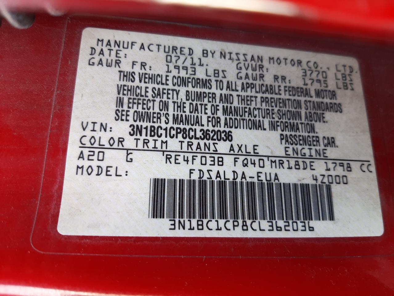 Photo 10 from auction – 2012 NISSAN VERSA S with VIN 3N1BC1CP8CL362036