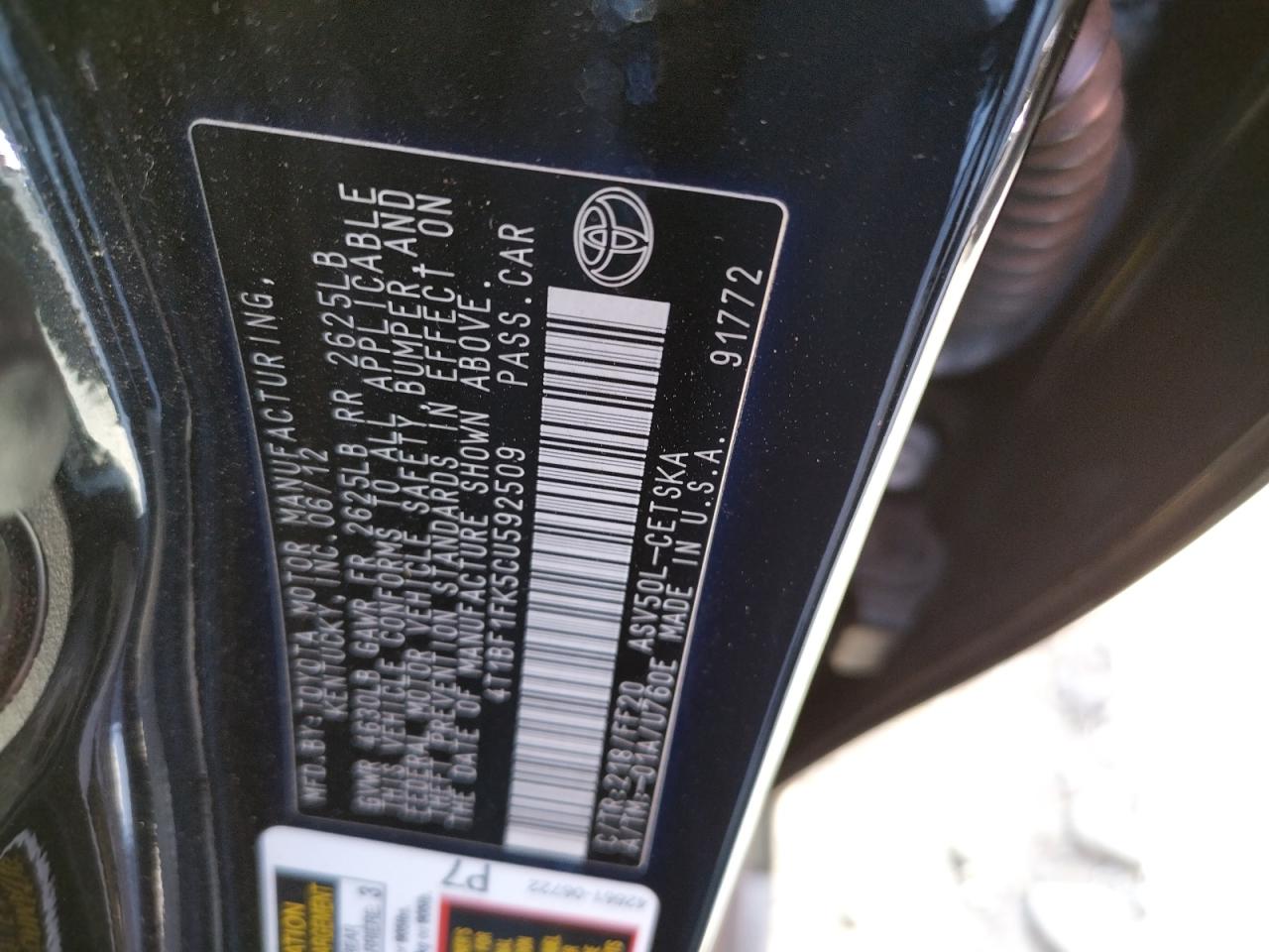 Photo 10 from auction – 2012 TOYOTA CAMRY BASE with VIN 4T1BF1FK5CU592509