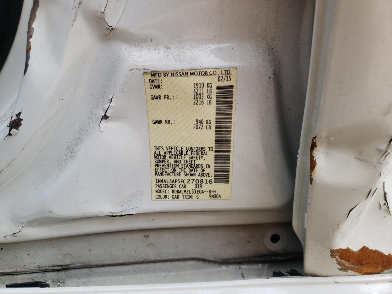 Photo 10 from auction – 2015 NISSAN ALTIMA 2.5 with VIN 1N4AL3AP5FC270816